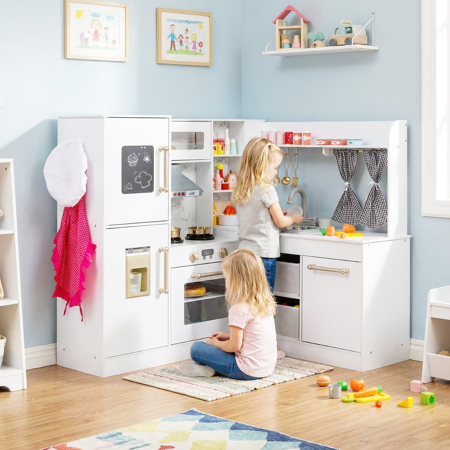 Kids Wooden Corner Play Kitchen with Lighted Range Hood and Stoves-White