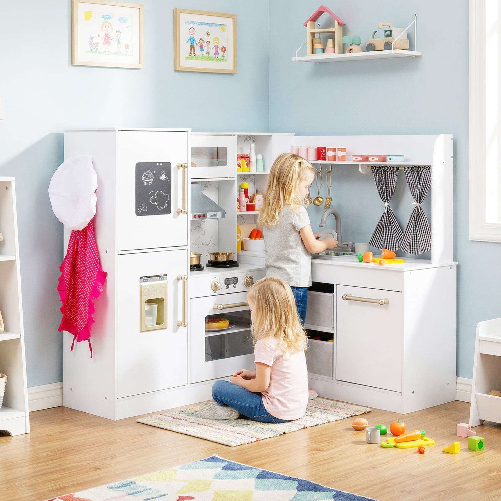 Kids Wooden Corner Play Kitchen with Lighted Range Hood and Stoves-White