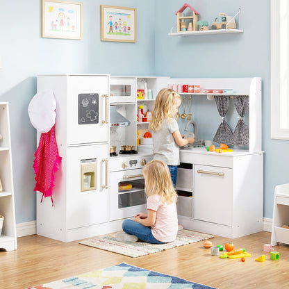 Kids Wooden Corner Play Kitchen with Lighted Range Hood and Stoves-White