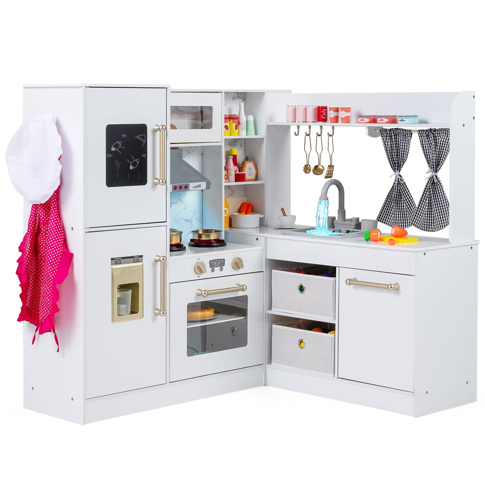Kids Wooden Corner Play Kitchen with Lighted Range Hood and Stoves-White