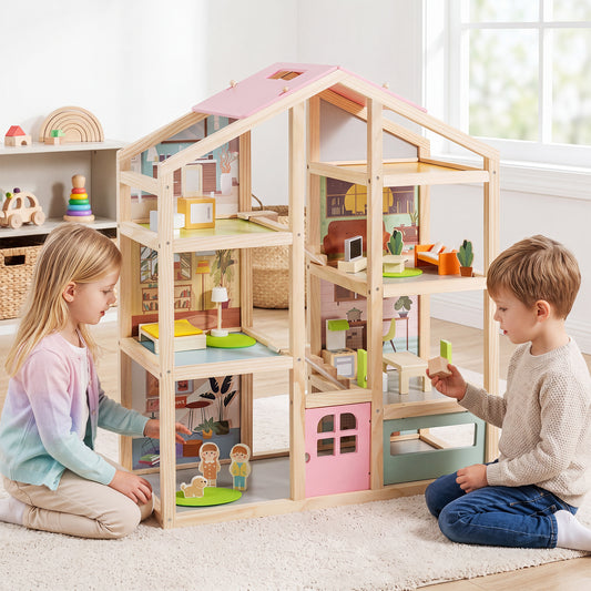 Kids Wooden Dollhouse with 7 Rooms and 18 Pcs Furniture Accessories-Pink