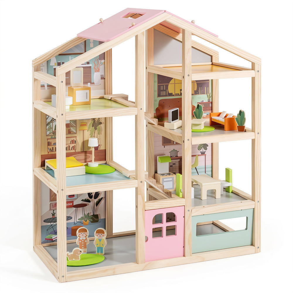 Kids Wooden Dollhouse with 7 Rooms and 18 Pcs Furniture Accessories-Pink