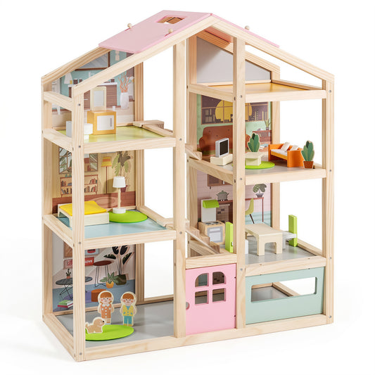 Kids Wooden Dollhouse with 7 Rooms and 18 Pcs Furniture Accessories-Pink