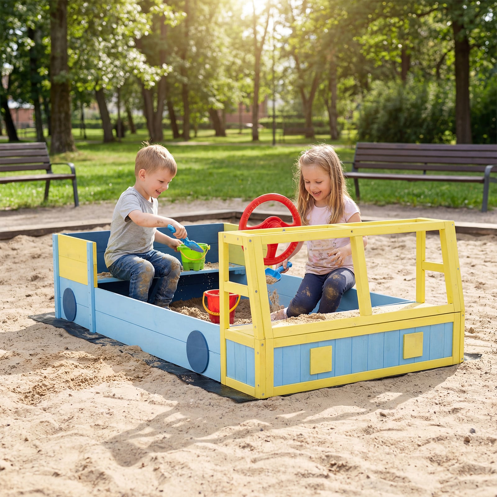 Kids Wooden Sandbox Large Car-Theme Sand Box with Bottom Liner Frame-Blue