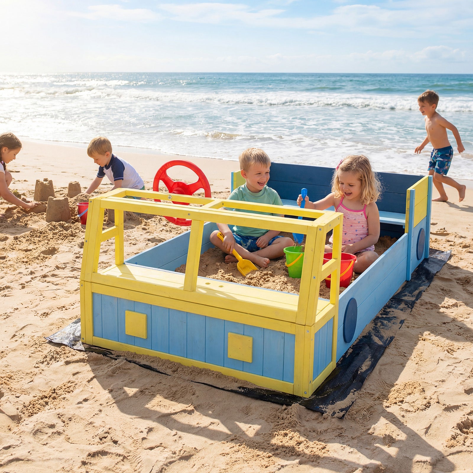 Kids Wooden Sandbox Large Car-Theme Sand Box with Bottom Liner Frame-Blue