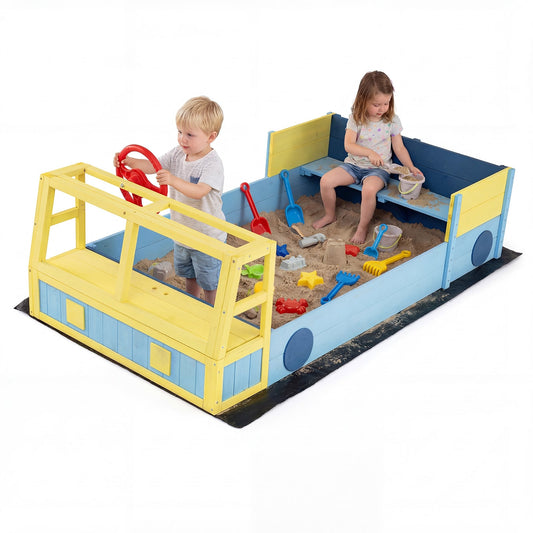 Kids Wooden Sandbox Large Car-Theme Sand Box with Bottom Liner Frame-Blue