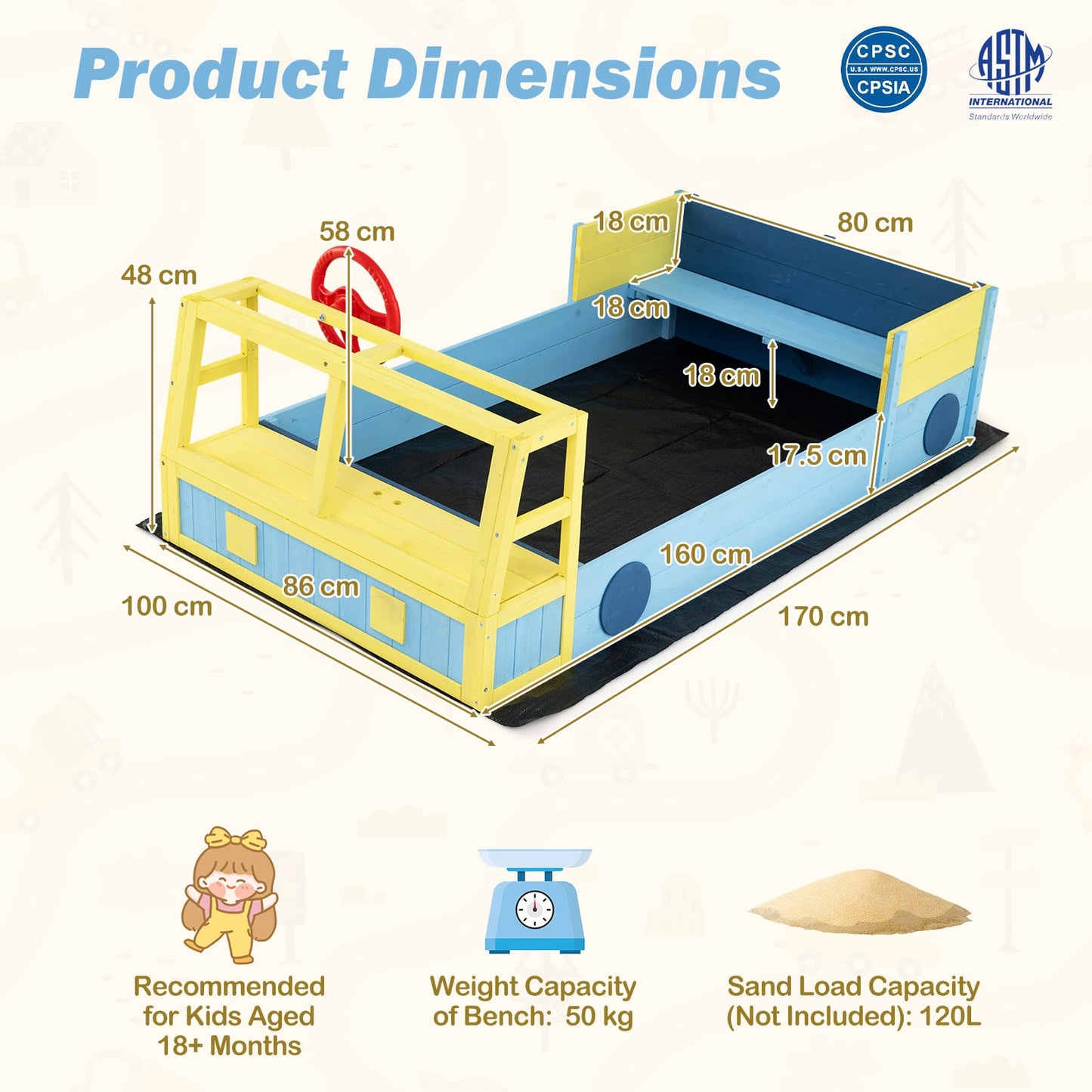 Kids Wooden Sandbox Large Car-Theme Sand Box with Bottom Liner Frame-Blue