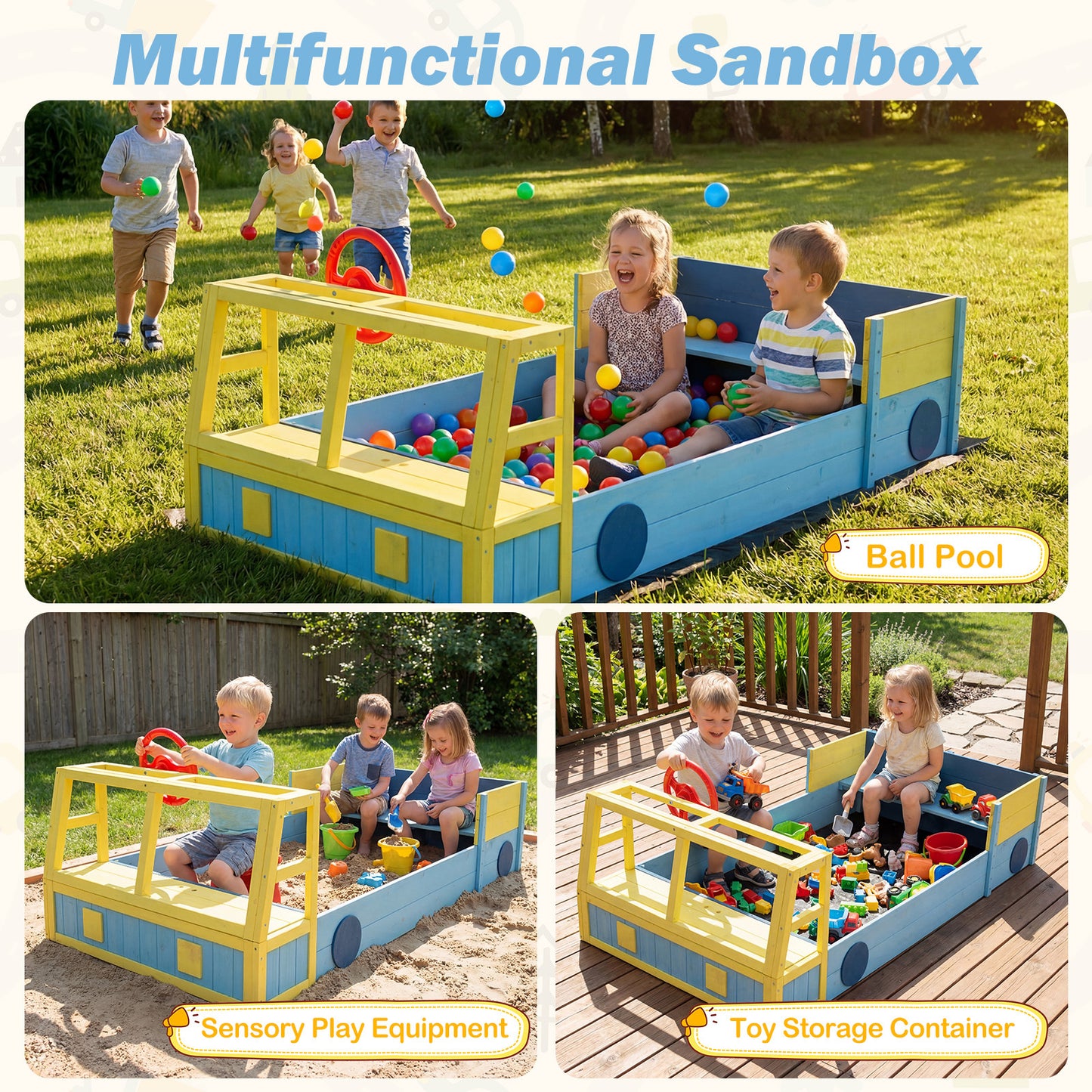 Kids Wooden Sandbox Large Car-Theme Sand Box with Bottom Liner Frame-Blue