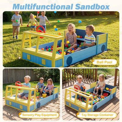 Kids Wooden Sandbox Large Car-Theme Sand Box with Bottom Liner Frame-Blue