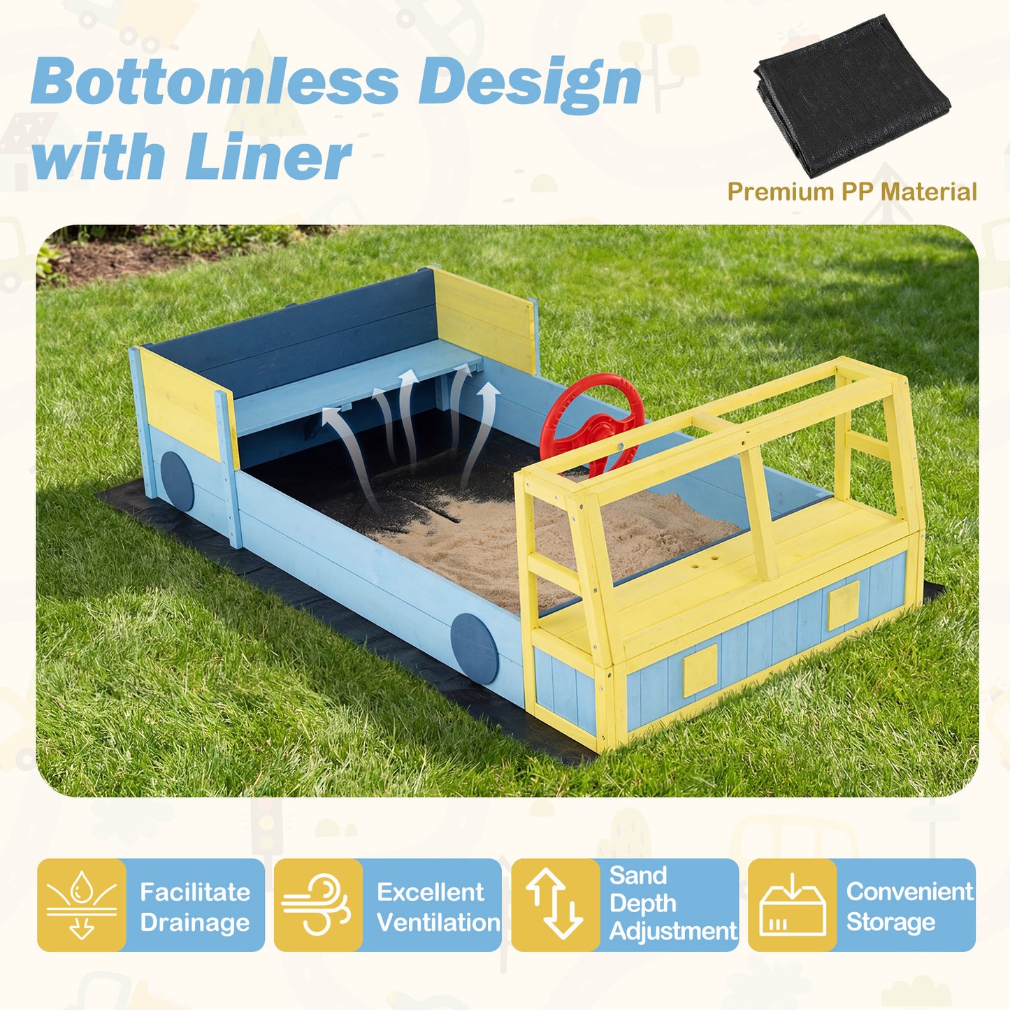 Kids Wooden Sandbox Large Car-Theme Sand Box with Bottom Liner Frame-Blue