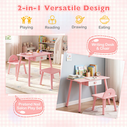 Kids Wooden Toddlers Makeup and Manicure Kit with Chair Stool and Nail Dryer-Pink