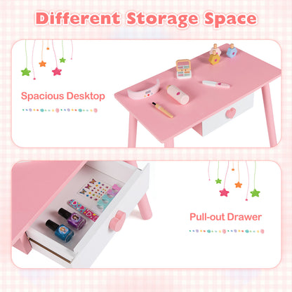 Kids Wooden Toddlers Makeup and Manicure Kit with Chair Stool and Nail Dryer-Pink