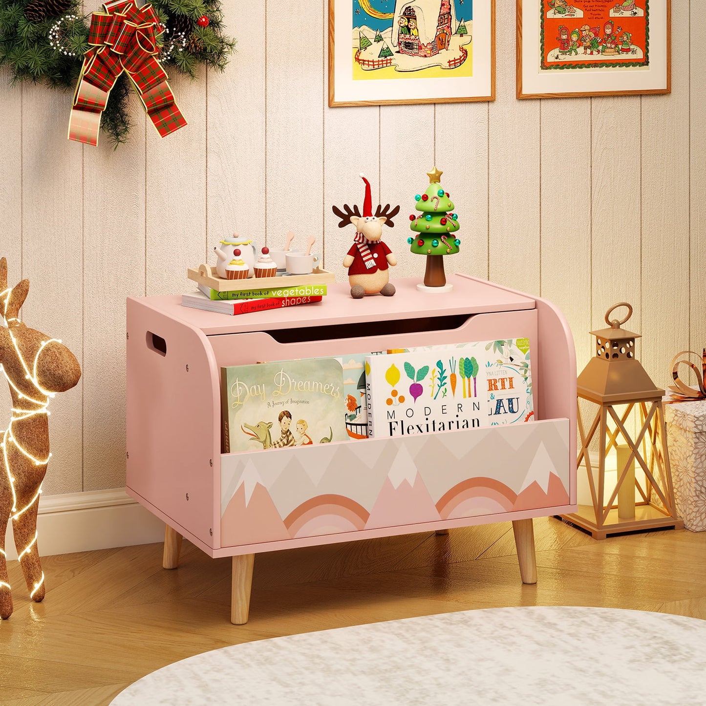 Kids Wooden Toy Box with Front Bookshelf 4 Solid Wood Legs-Pink