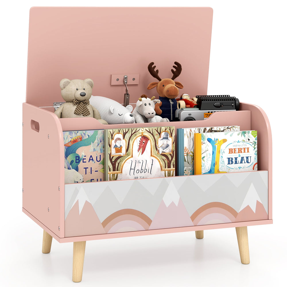 Kids Wooden Toy Box with Front Bookshelf 4 Solid Wood Legs-Pink