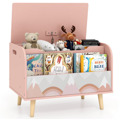 Kids Wooden Toy Box with Front Bookshelf 4 Solid Wood Legs-Pink