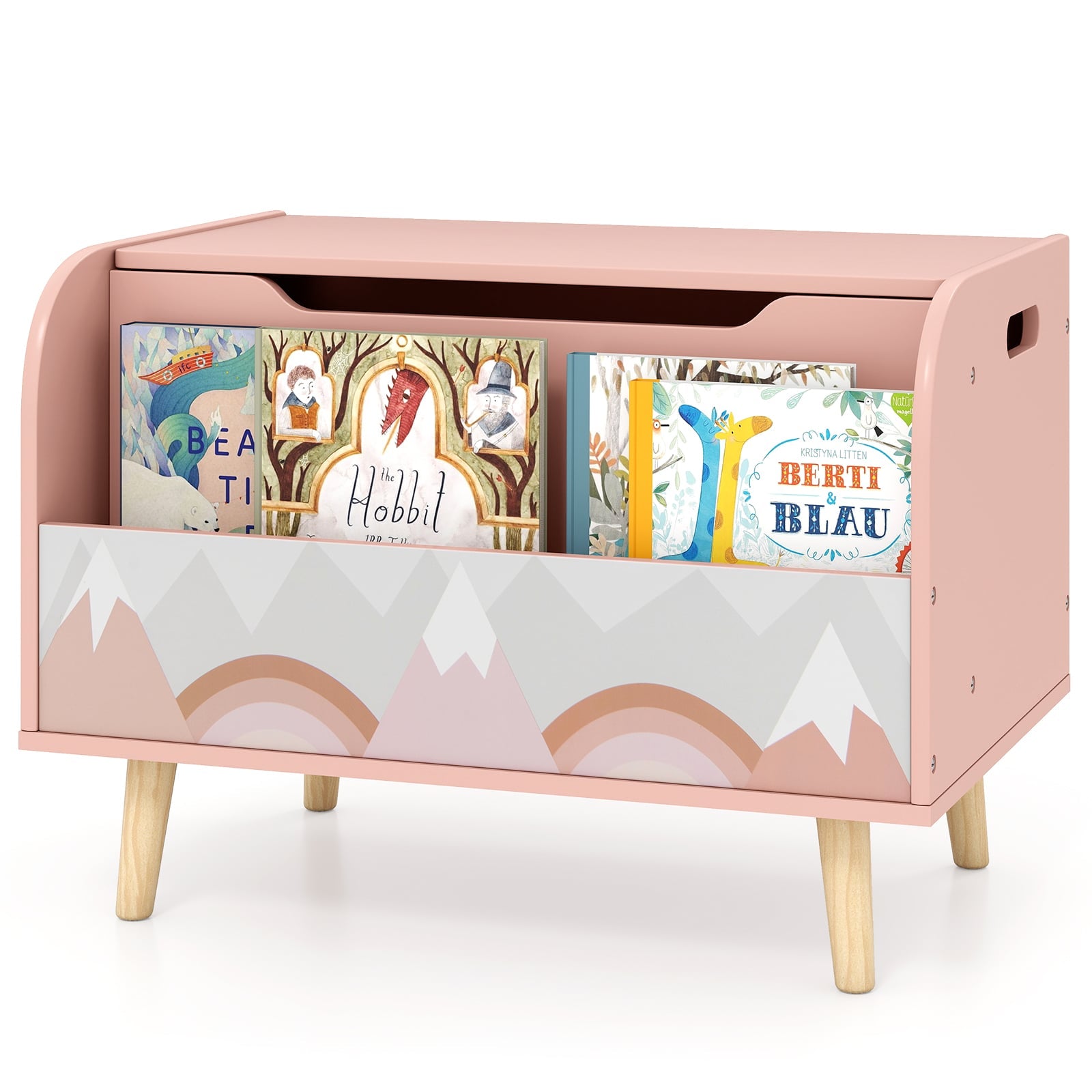 Kids Wooden Toy Box with Front Bookshelf 4 Solid Wood Legs-Pink