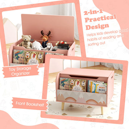 Kids Wooden Toy Box with Front Bookshelf 4 Solid Wood Legs-Pink