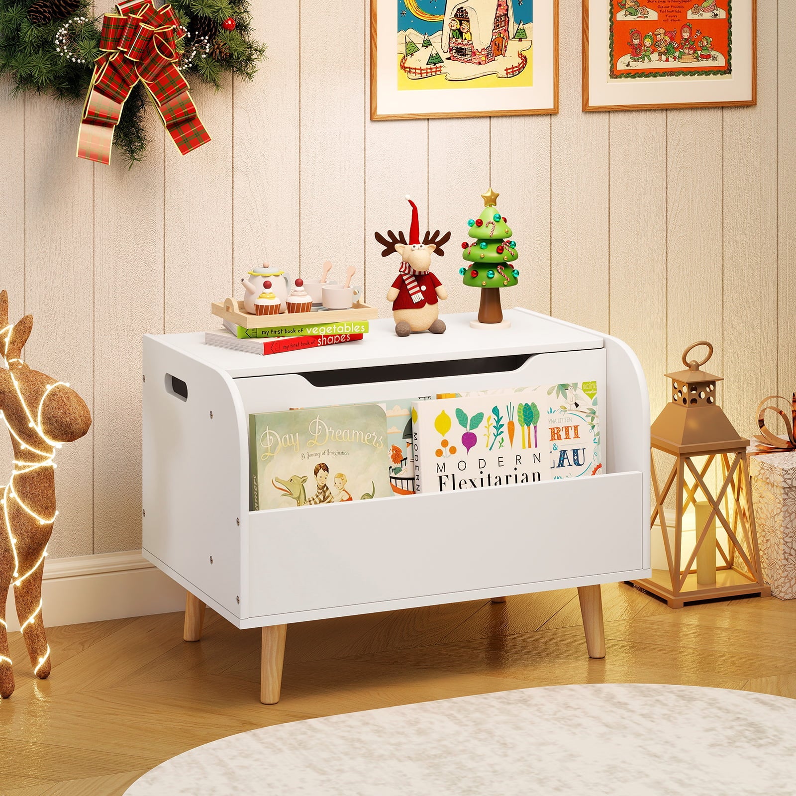 Kids Wooden Toy Box with Front Bookshelf 4 Solid Wood Legs-White