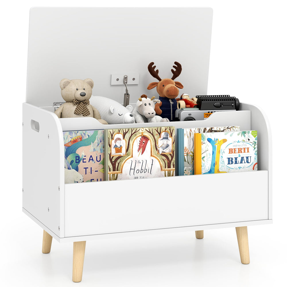 Kids Wooden Toy Box with Front Bookshelf 4 Solid Wood Legs-White