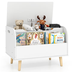 Kids Wooden Toy Box with Front Bookshelf 4 Solid Wood Legs-White