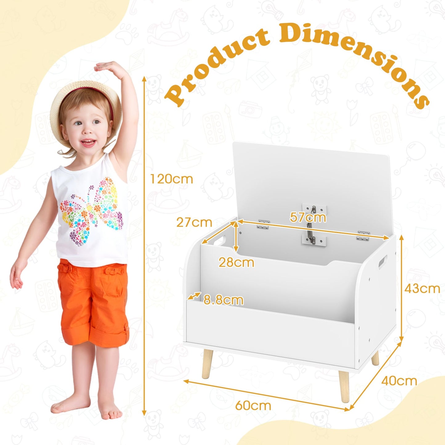 Kids Wooden Toy Box with Front Bookshelf 4 Solid Wood Legs-White