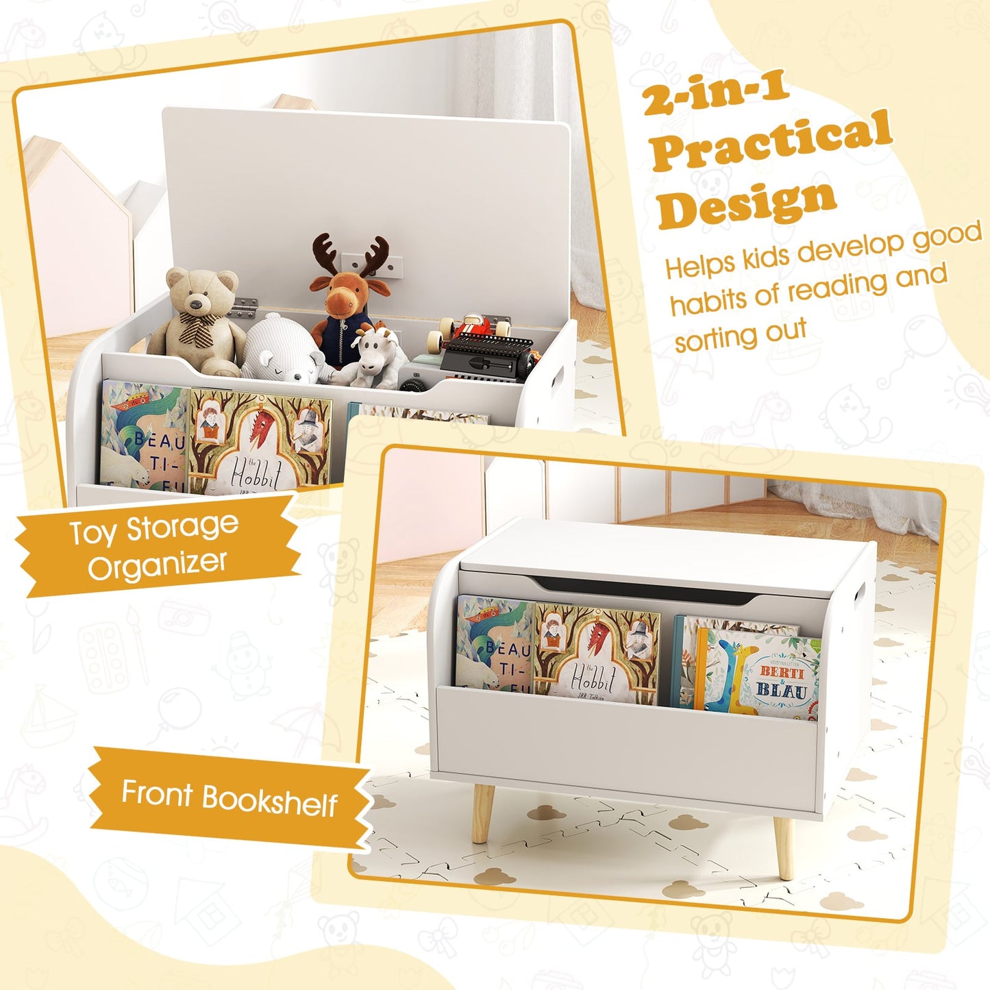 Kids Wooden Toy Box with Front Bookshelf 4 Solid Wood Legs-White