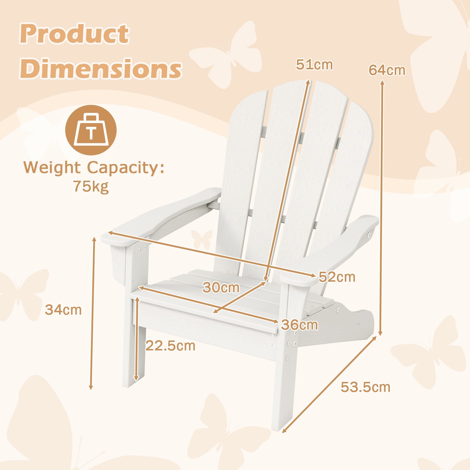 Kids Adirondack Chair All-Weather HDPE Toddler Lawn Chair-White
