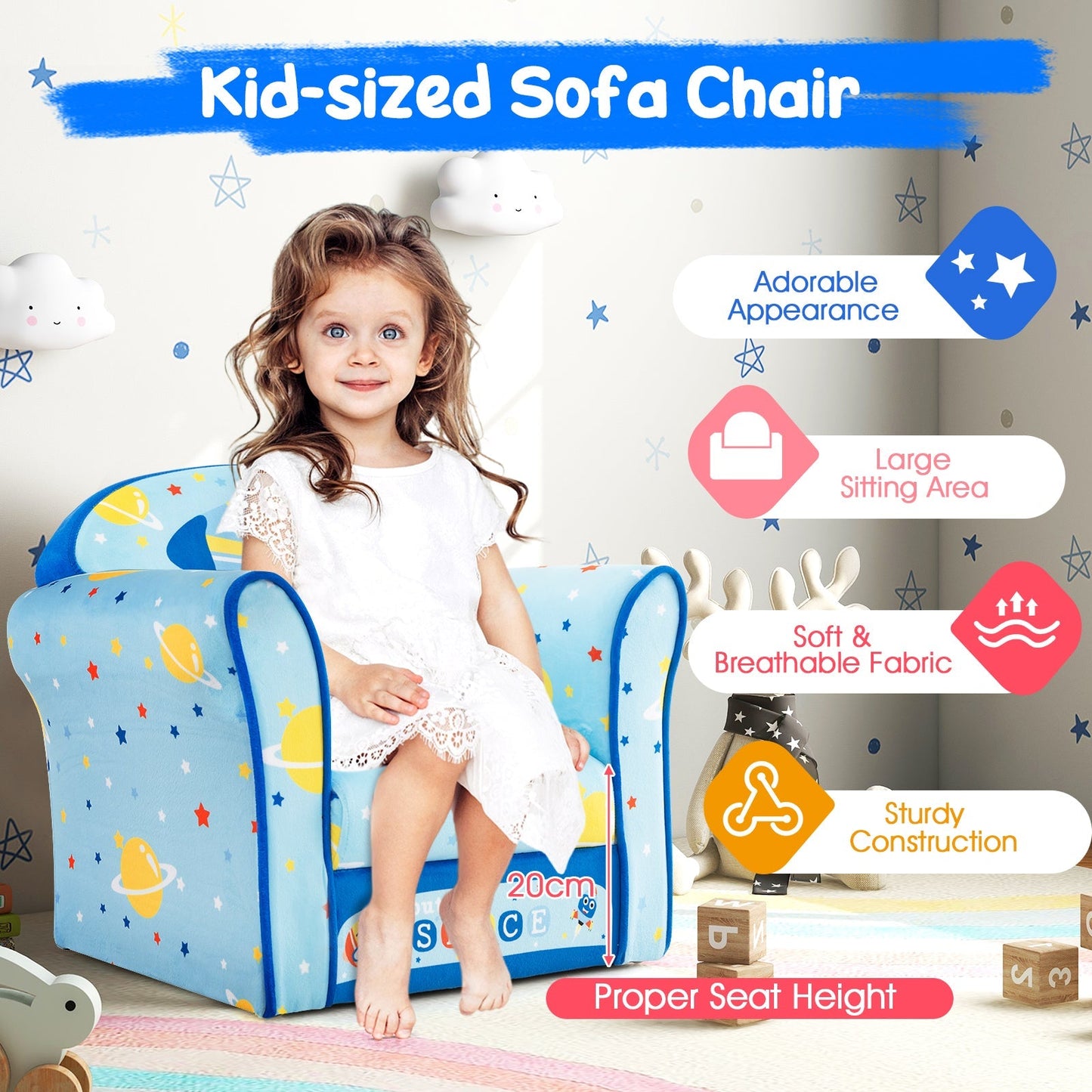 Kids Armchair with Soft Cushion and Cute Pattern-Navy