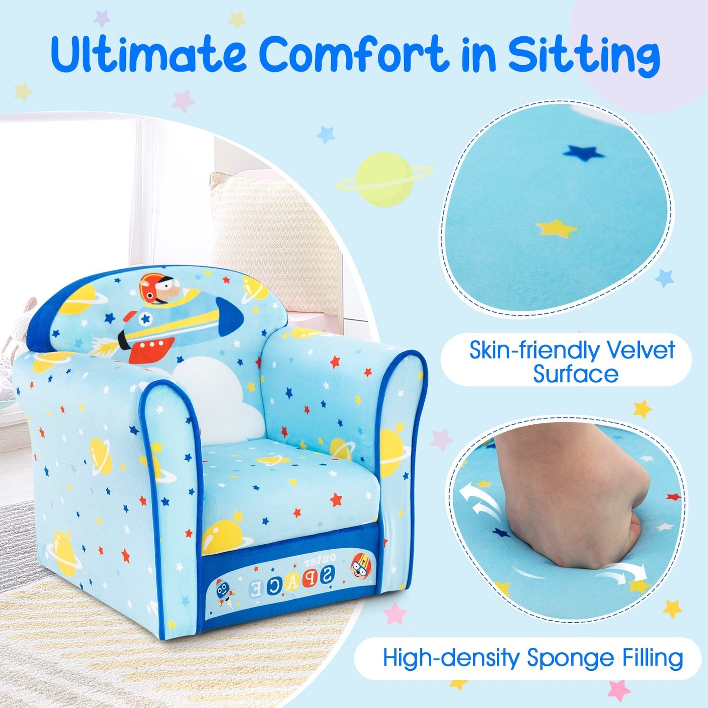 Kids Armchair with Soft Cushion and Cute Pattern-Navy
