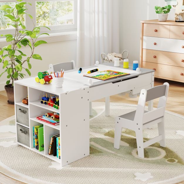Kids Art Table and 2 Chairs Set with Paper Roll and Storage Shelves-Grey