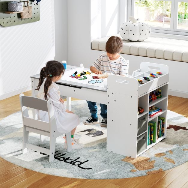 Kids Art Table and 2 Chairs Set with Paper Roll and Storage Shelves-Grey