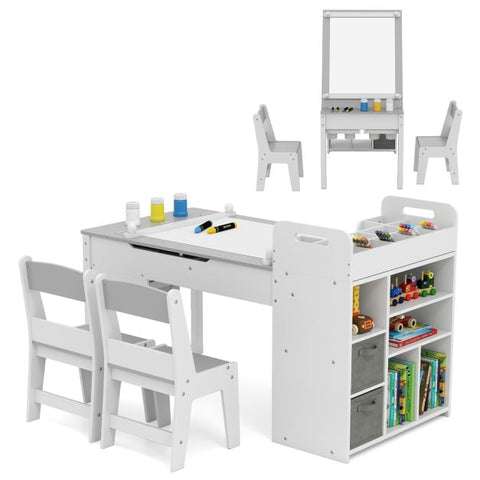Kids Art Table and 2 Chairs Set with Paper Roll and Storage Shelves-Grey