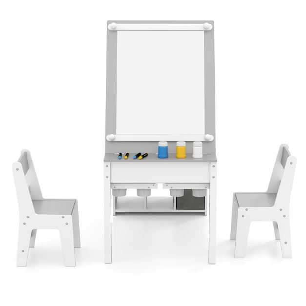 Kids Art Table and 2 Chairs Set with Paper Roll and Storage Shelves-Grey