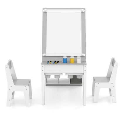 Kids Art Table and 2 Chairs Set with Paper Roll and Storage Shelves-Grey