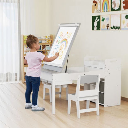 Kids Art Table and 2 Chairs Set with Paper Roll and Storage Shelves-Grey