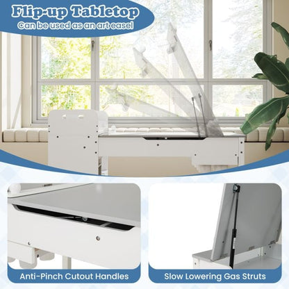 Kids Art Table and 2 Chairs Set with Paper Roll and Storage Shelves-Grey