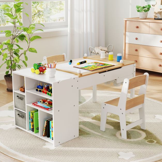 Kids Art Table and 2 Chairs Set with Paper Roll and Storage Shelves-Natural
