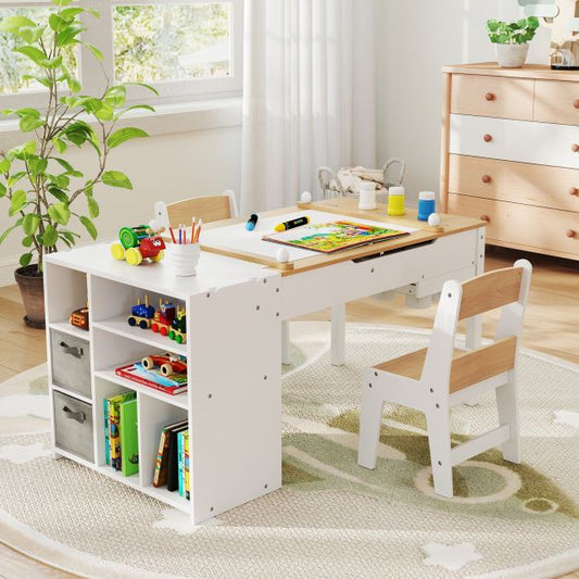 Kids Art Table and 2 Chairs Set with Paper Roll and Storage Shelves-Natural
