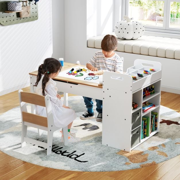 Kids Art Table and 2 Chairs Set with Paper Roll and Storage Shelves-Natural