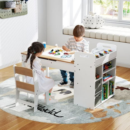 Kids Art Table and 2 Chairs Set with Paper Roll and Storage Shelves-Natural