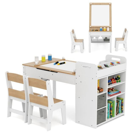 Kids Art Table and 2 Chairs Set with Paper Roll and Storage Shelves-Natural