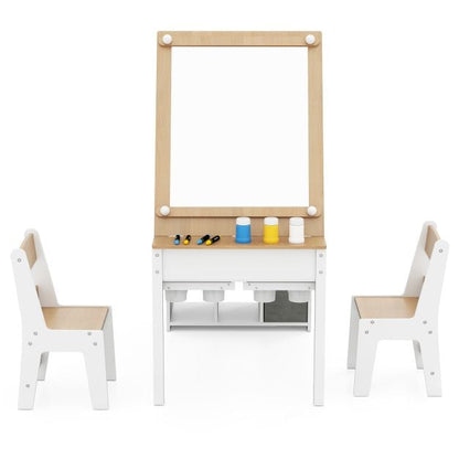 Kids Art Table and 2 Chairs Set with Paper Roll and Storage Shelves-Natural