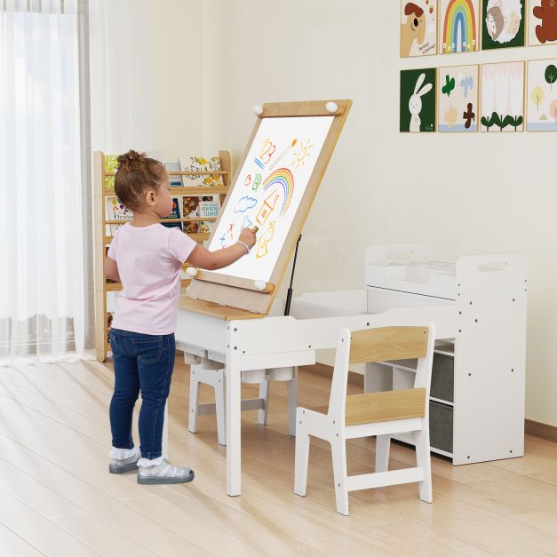 Kids Art Table and 2 Chairs Set with Paper Roll and Storage Shelves-Natural