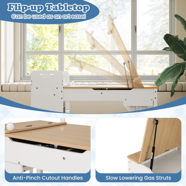 Kids Art Table and 2 Chairs Set with Paper Roll and Storage Shelves-Natural