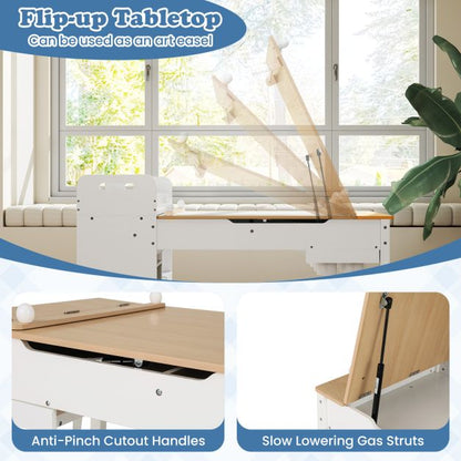 Kids Art Table and 2 Chairs Set with Paper Roll and Storage Shelves-Natural