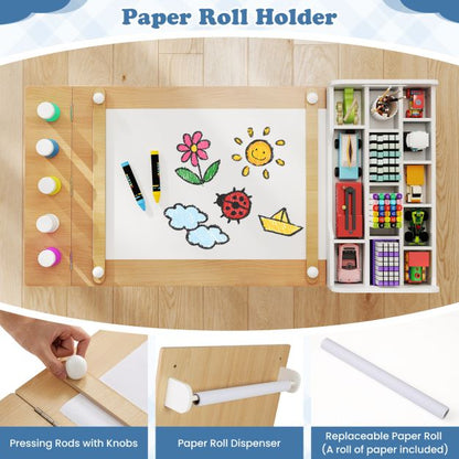 Kids Art Table and 2 Chairs Set with Paper Roll and Storage Shelves-Natural
