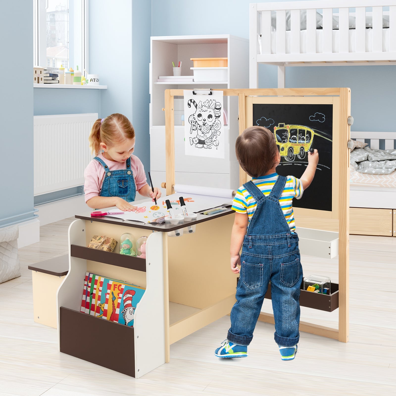 Kids Art Easel Table and Bench Set with Adjustable Easel and Bookshelf-Coffee
