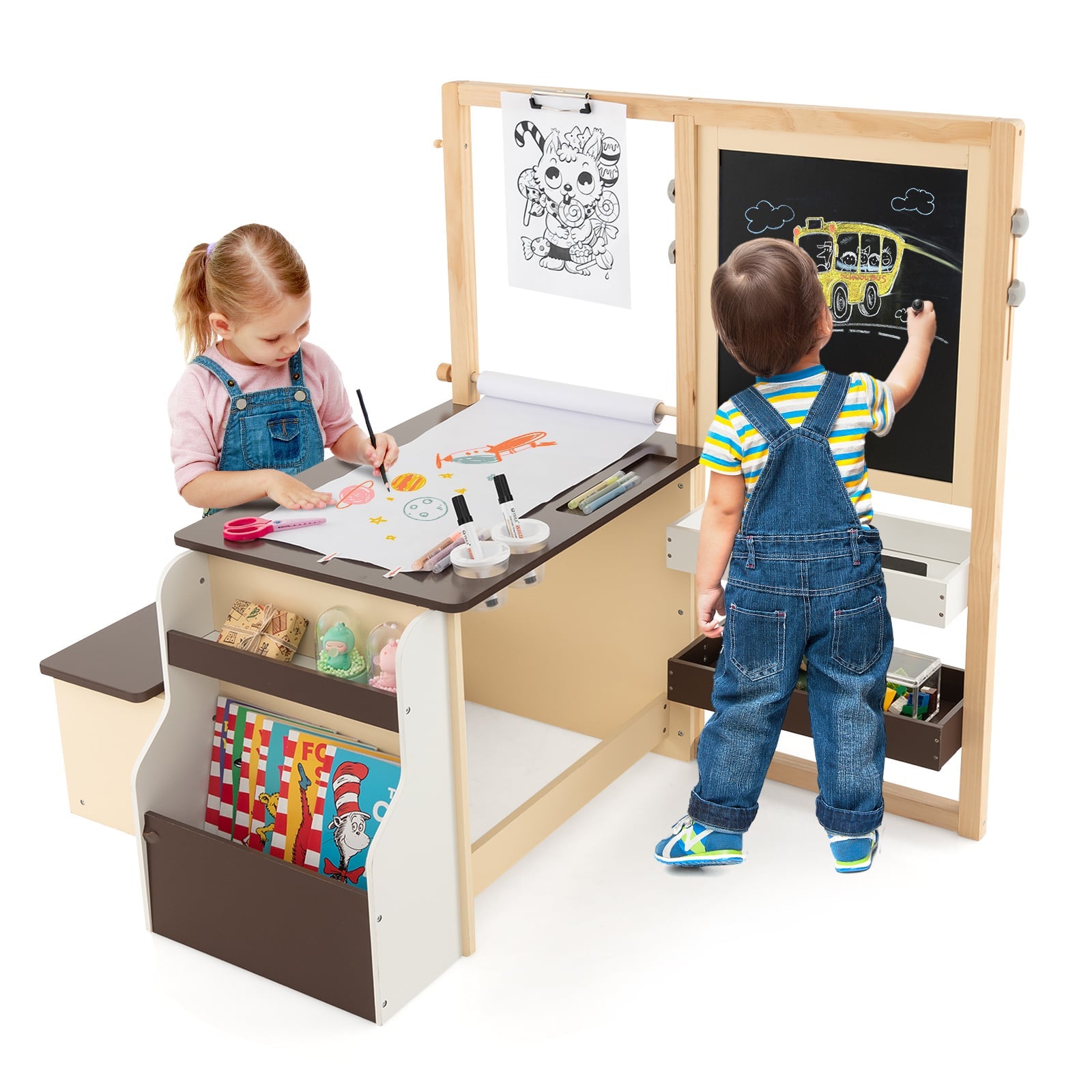 Kids Art Easel Table and Bench Set with Adjustable Easel and Bookshelf-Coffee