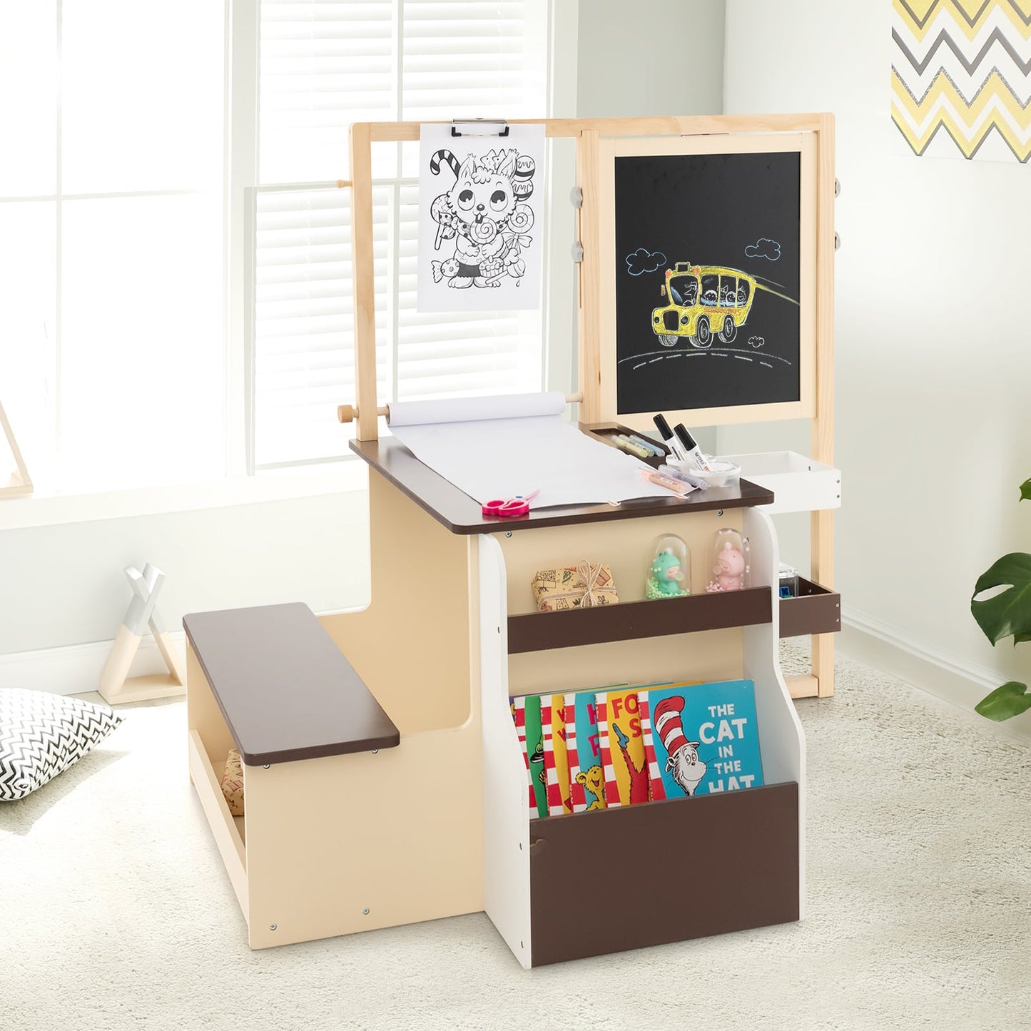 Kids Art Easel Table and Bench Set with Adjustable Easel and Bookshelf-Coffee