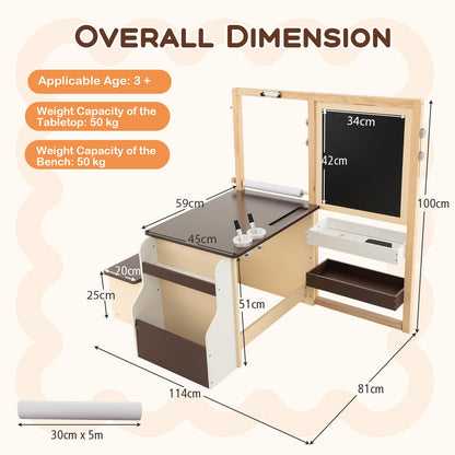 Kids Art Easel Table and Bench Set with Adjustable Easel and Bookshelf-Coffee